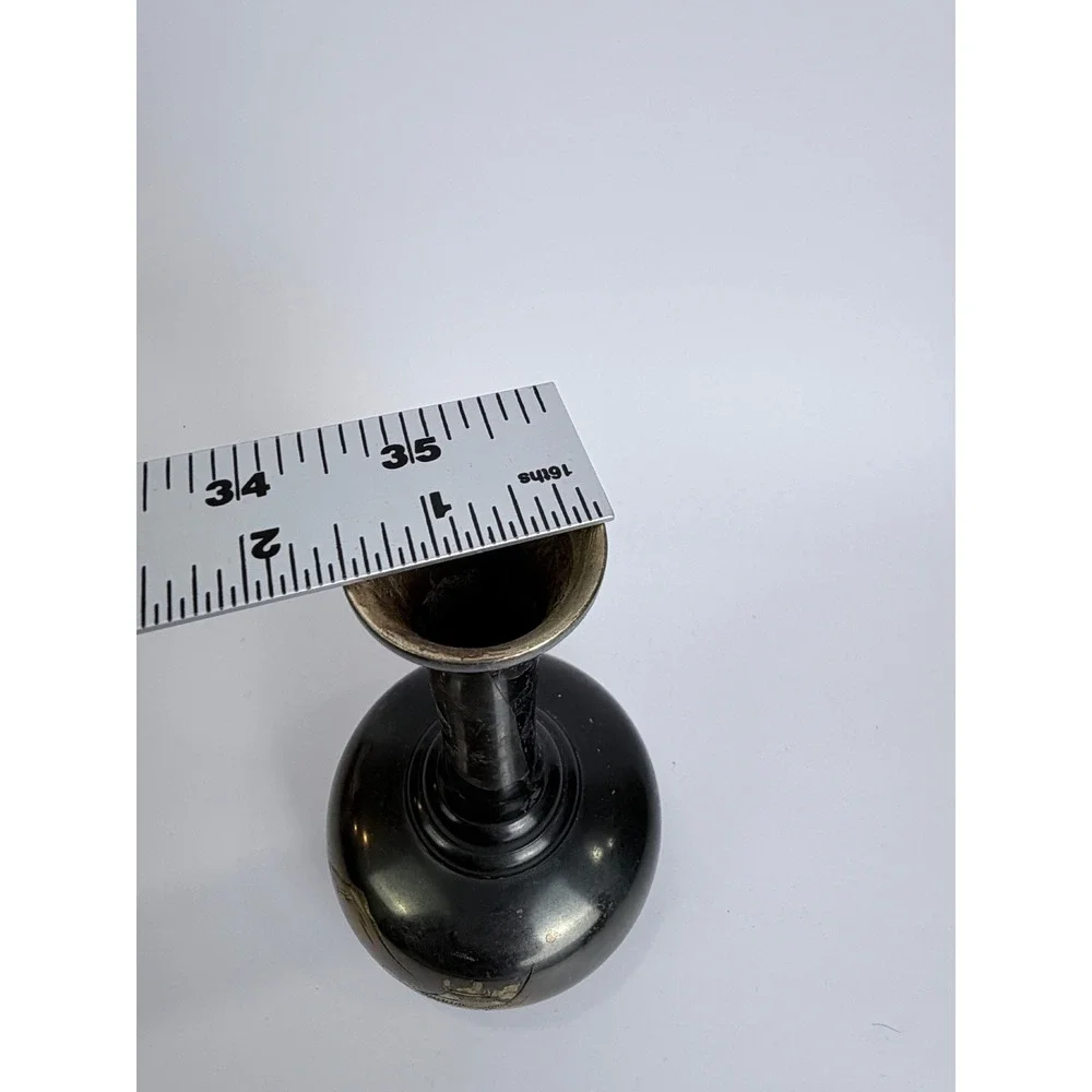 Vintage Japanese Amita Damascene Bud Vase Black Gold Silver Pagoda Mt Fuji 6.25